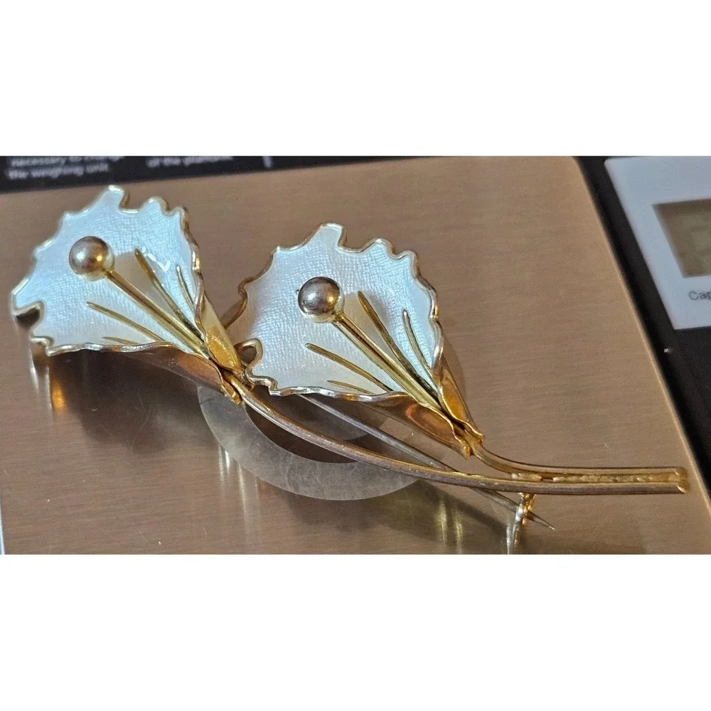 Aksel Holmsen Norway Sterling Mid-Century Vermeil Enamel Double Orchid Brooch